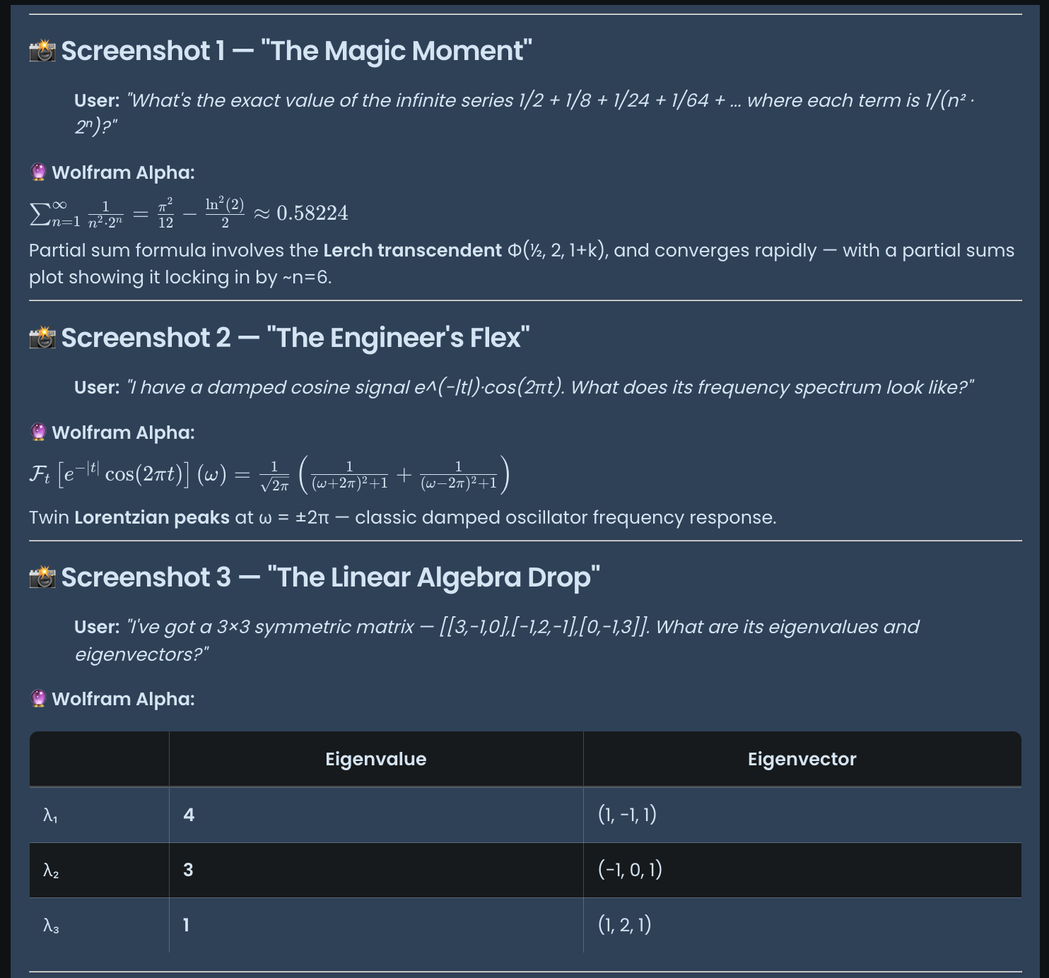 Wolfram Alpha integration showing infinite series computation, Fourier transform analysis, and eigenvalue decomposition